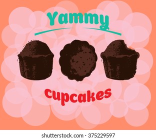 Vector retro illustration of three cupcakes 