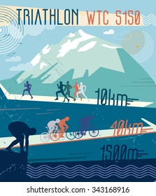 Vector retro illustration triathlon. Vintage poster for printing - sports of triathlon in the mountains