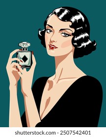 Vector retro illustration of young woman with bottle of perfume in art deco style.