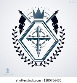 Vector retro insignia design decorated with laurel leaf and made using vintage elements like royal crown and religious cross