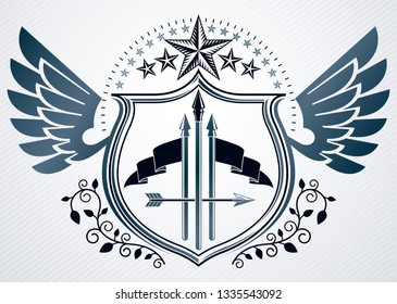 Vector retro insignia design decorated using vintage elements like pentagonal stars and wings