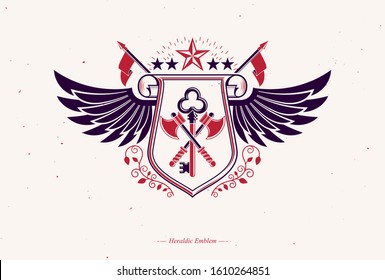 Vector retro insignia design decorated using vintage elements like armory and eagle wings 