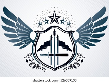 Vector retro insignia design decorated using vintage elements like pentagonal stars and wings