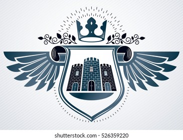 Vector retro insignia design decorated using vintage elements like medieval tower and royal crown