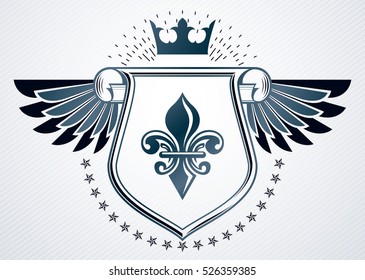 Vector retro insignia design decorated using vintage elements like royal crown and eagle wings 