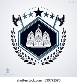 Vector retro insignia design decorated with laurel leaf and made using vintage elements like medieval tower and hatchets