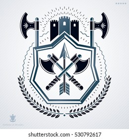 Vector retro insignia design decorated with laurel leaf and made using vintage elements like axes crossed and hatchets.