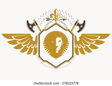 Vector retro insignia design decorated with eagle wings and made using vintage elements like hatchets and wild lion illustration