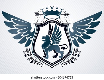 Vector retro insignia design decorated using vintage elements like monarch crown, eagle wings and wild lion illustration