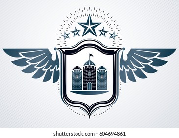 Vector retro insignia design decorated using vintage elements like medieval tower, eagle wings and pentagonal star