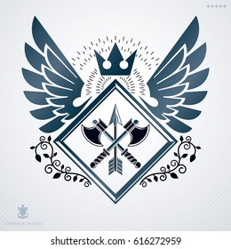 Vector retro insignia design decorated with wings and made using vintage elements like royal crown and axes crossed