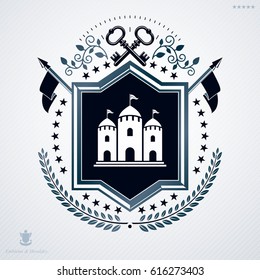 Vector retro insignia design decorated with laurel leaf and made using vintage elements like medieval tower and security keys crossed