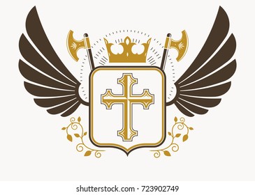 Vector retro insignia design decorated with eagle wings and made using vintage elements like royal crown and Christian religious cross