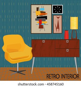 Vector retro interior with yellow armchair.