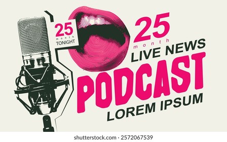 Vector retro internet banner for podcast or internet radio with microphone and singing or speaking human mouth and lettering. Suitable for advertising or logo