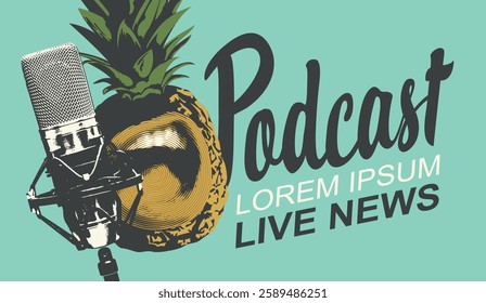 vector retro internet banner for podcast or internet radio with pineapple with a singing or talking human mouth and mic. Suitable for advertising or logo