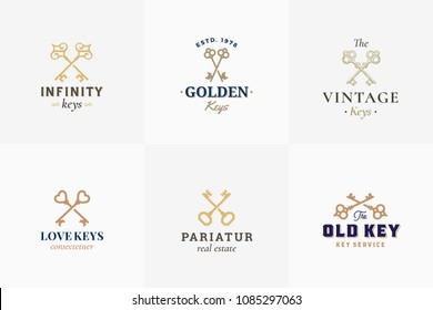 Vector Retro Key Emblems Set. Abstract Vector Signs, Symbols or Logo Templates. Different Crossed Keys Sillhouettes with Classy Vintage Typography. Isolated.