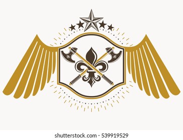 Vector retro label design decorated with eagle wings and made using vintage elements like pentagonal stars and hatchets crossed