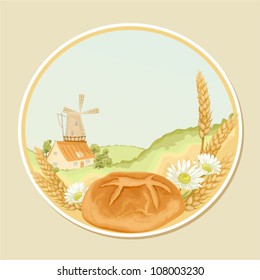 Vector retro label with a mill, wheat stalks, camomiles and fresh bread