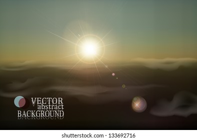 vector retro landscape with clouds and sun