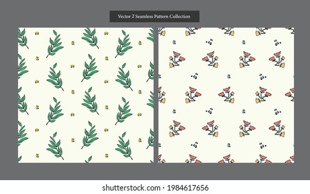 Vektorretro-Blatt und kleine wilde Blumengrafik-Motive nahtlose Wiederholmuster-Kollektion Muster-Set digitale Datei Muster Kunstwerk Modeboutique-Design Stoffdruck