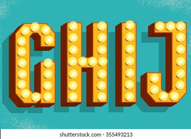 Vector Retro  Letters With Light Bulbs. Old Vintage Style Marquee Letters G,H,I,J.