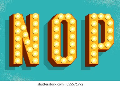 Vector Retro  Letters With Light Bulbs. Old Vintage Style Marquee Letters N,O,P