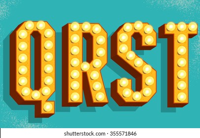 Vector Retro  Letters With Light Bulbs. Old Vintage Style Marquee Letters Q,R,S,T