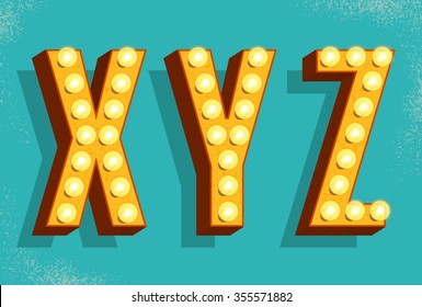 Vector retro  letters with light bulbs. Old Vintage Style Marquee Letters X,Y,Z