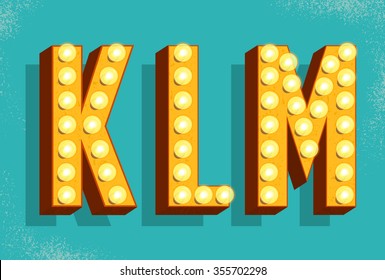 Vector Retro  Letters With Light Bulbs. Old Vintage Style Marquee Letters K,L,M