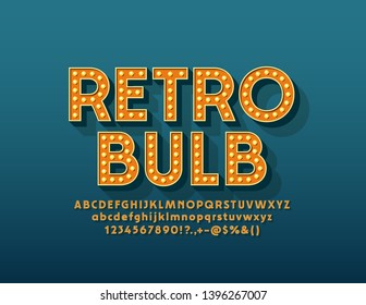 Vektor Retro Light Bulb Alphabet. Elektrische Lampenschriftart. Vintage-Buchstaben, -Zahlen und -Symbole für das Marketing für Unterhaltung