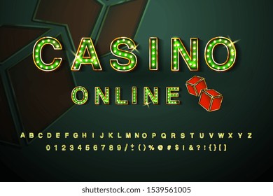 Vector Retro Light Bulb Alphabet. Online casino font. Electric Lamp Font. Vintage Letters, Numbers and Symbols for Entertainment marketing