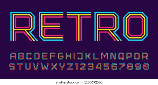 Vector retro line font. Latin alphabet from A to Z and numbers from 0 to 9 made of rainbow line. Outlined stripes style.