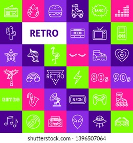 Vector Retro Line Icons. Thin Outline Fashion Symbols over Colorful Squares.