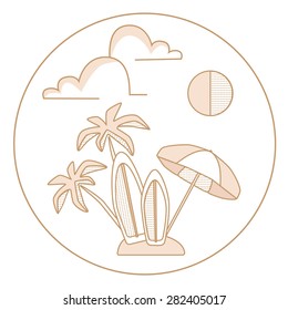 Vector retro line logos, palms, surfing. Flat design