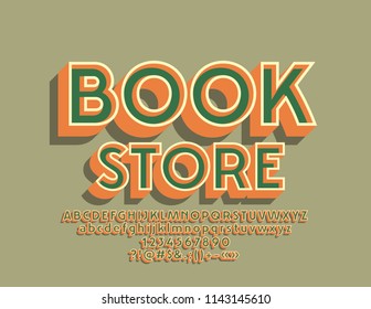 Vector Retro Logo Book Store. Vintage Font set. Cute Design style Alphabet Letters, Numbers and Symbols.