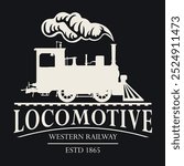 vector retro logo or emblem with a drawing silhouette of an old railway steam locomotive in cartoon style with the inscription western railway