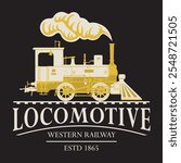 vector retro logo or emblem with a drawing silhouette of an old vintage railway steam locomotive in cartoon style with the inscription western railway