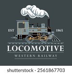 vector retro logo or emblem with a drawing silhouette of an old vintage railway steam locomotive in cartoon style with the inscription western railway