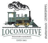 vector retro logo or emblem with a drawing silhouette of an old vintage railway steam locomotive in cartoon style with the inscription western railway