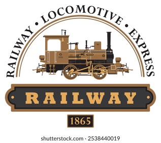 Logotipo o emblema retro de Vector con un dibujo de una antigua locomotora de vapor de ferrocarril de época en estilo de dibujos animados con la inscripción Locomotora ferroviaria express