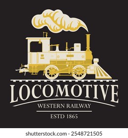 Logotipo o emblema retro de Vector con una silueta dibujada de una antigua locomotora de vapor de ferrocarril vintage en estilo de dibujos animados con la inscripción Western Railway