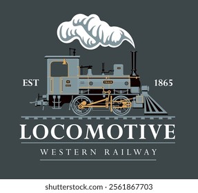 vector retro logo or emblem with a drawing silhouette of an old vintage railway steam locomotive in cartoon style with the inscription western railway