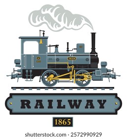 vector retro logo or emblem with a drawing silhouette of an old vintage railway steam locomotive in cartoon style with the inscription railway