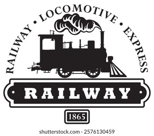 vector retro logo or emblem with a drawing of an old vintage railway steam locomotive in cartoon style with the inscription railway