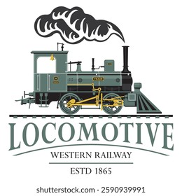 vector retro logo or emblem with a drawing silhouette of an old vintage railway steam locomotive in cartoon style with the inscription western railway