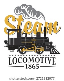 Logotipo o emblema retro de Vector con una silueta dibujada de una antigua locomotora de vapor de ferrocarril vintage en estilo de dibujos animados