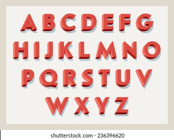 Vector Retro Looking 3d Alphabet | Vintage Red Volumetric Sign Board Letters With Shadows On Bright Background