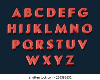 Vector Retro Looking 3d Alphabet | Vintage Red Volumetric Sign Board Letters With Shadows On Dark Background