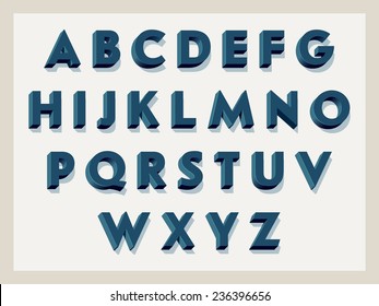 Vector retro looking 3d alphabet | Vintage blue volumetric sign board letters with shadows on bright background
